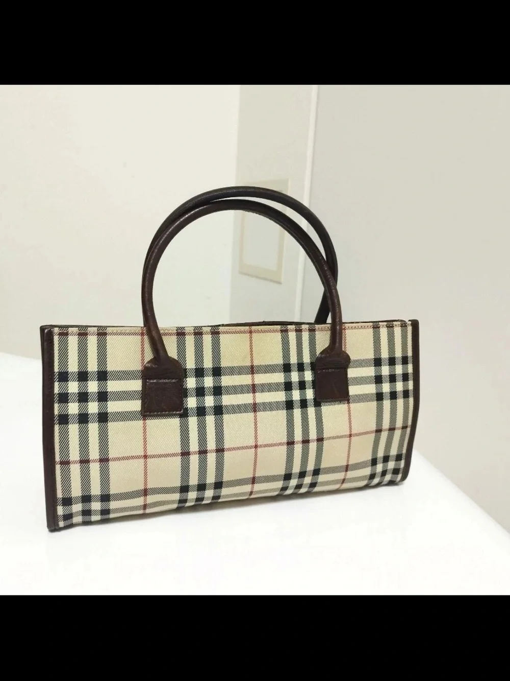Burberry Plaid Top-Handle Satchel in Cream and Brown